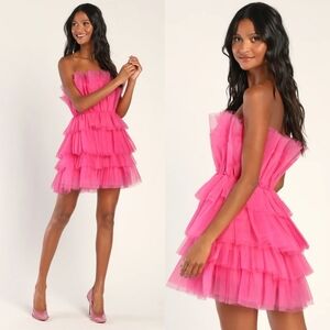 Lulus Tulle Intentions Hot Pink Strapless Tiered Tulle Mini Dress M Party Prom